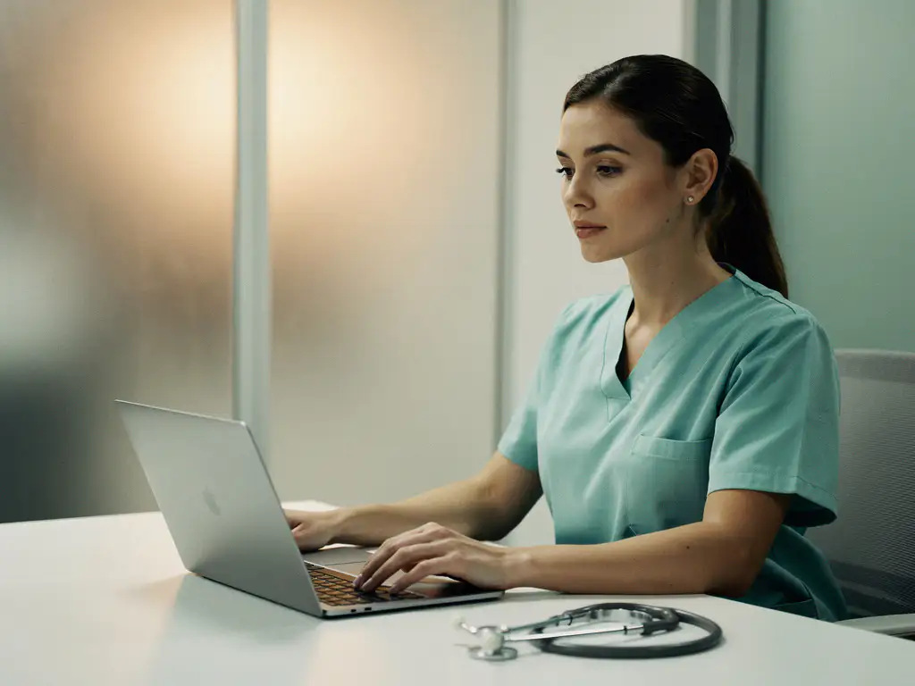 Zorgprofessional in scrubs met hand op laptop aan klinisch bureau, stethoscoop op de voorgrond, kalme uitdrukking, zacht teallicht.