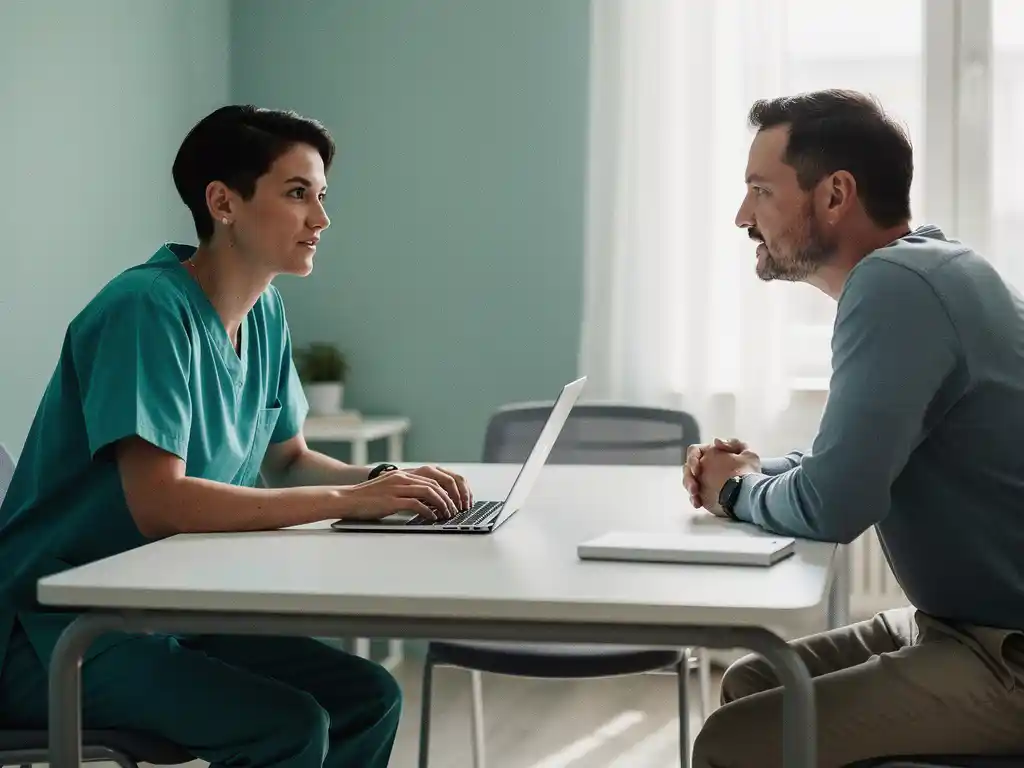 Zorgprofessional in scrubs en softwareontwikkelaar in gesprek aan vergadertafel met laptop, natuurlijk licht op de achtergrond.