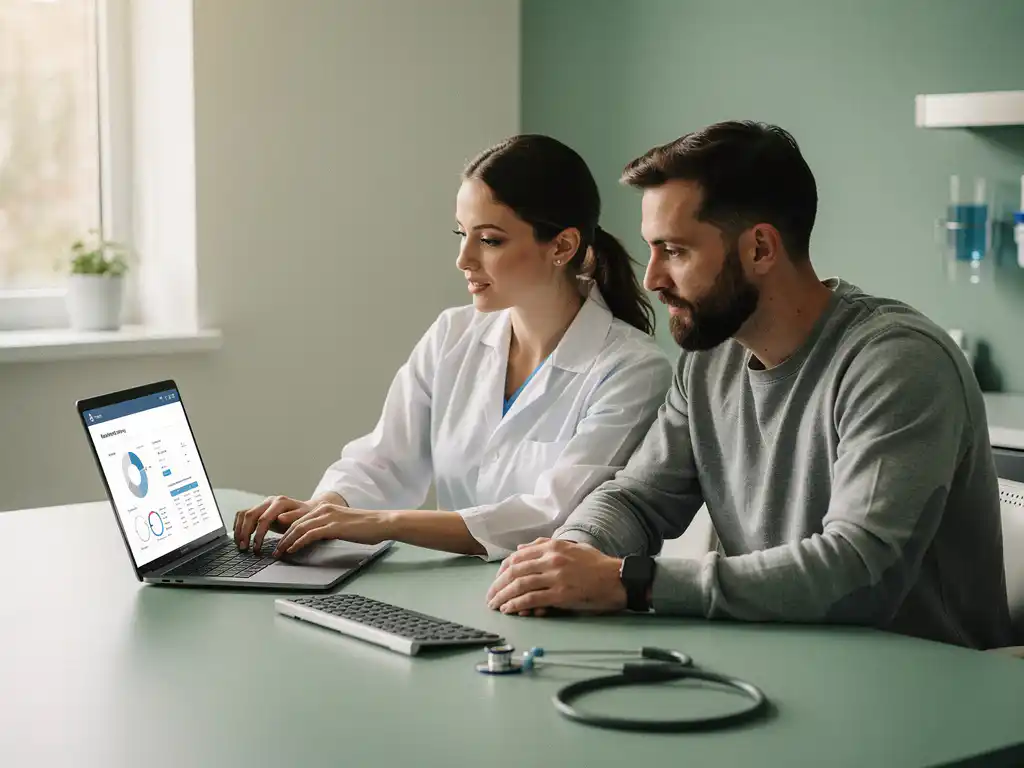 Zorgprofessional en softwareontwikkelaar bekijken samen zorgworkflow data op laptop aan klinisch bureau, stethoscoop naast toetsenbord.
