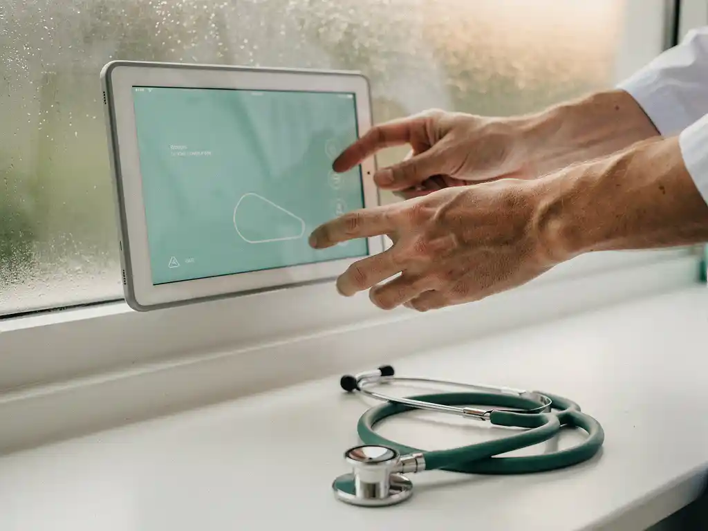 Zorgprofessional stelt een medisch tabletinterface af op een klinische wand, stethoscoop op witte ondergrond, zacht ochtendlicht.