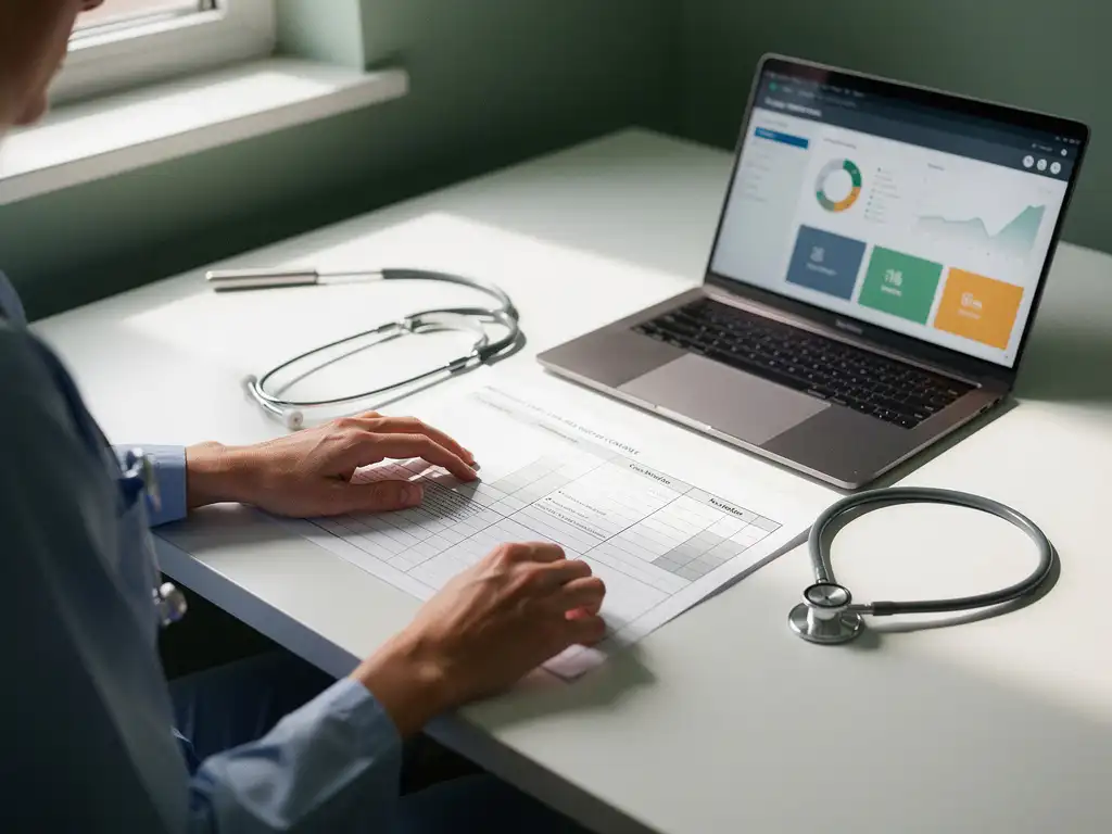 Zorgprofessional bestudeert gestructureerd zorgworkflow-document aan klinisch bureau met laptop en stethoscoop in zacht natuurlijk licht.