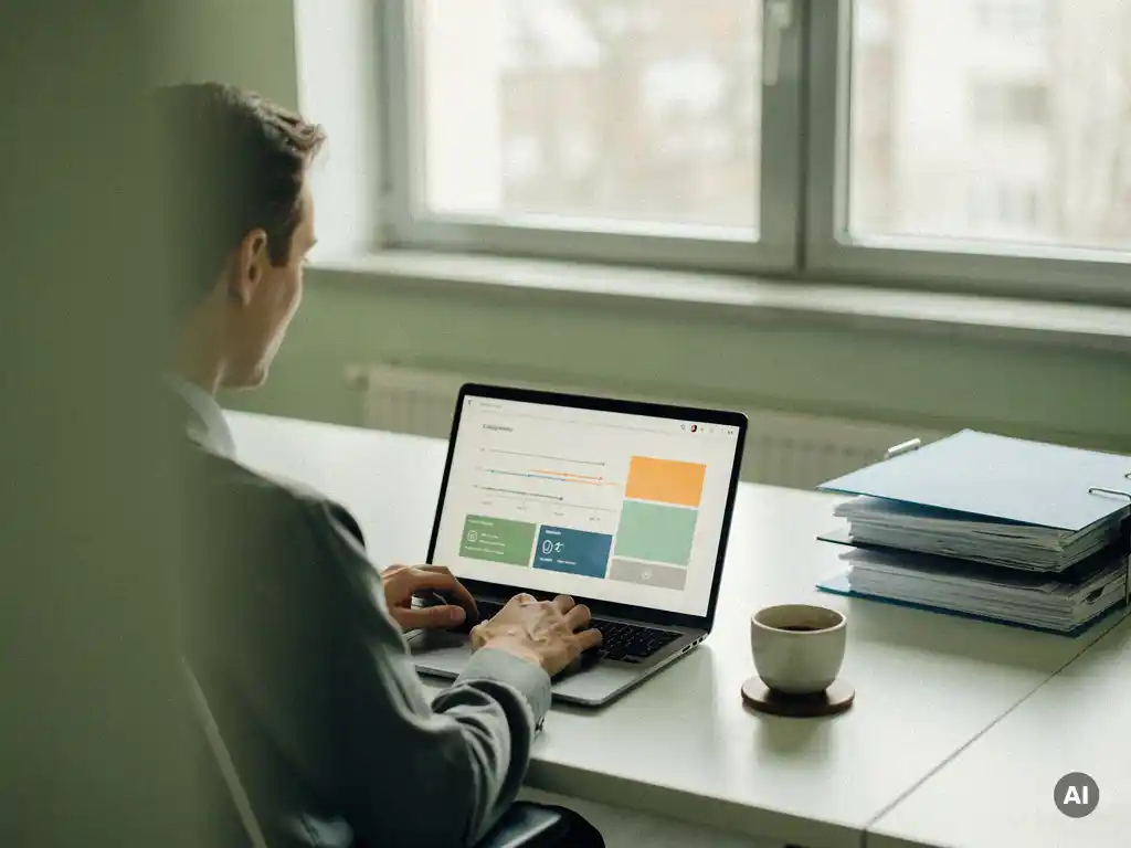Ambtenaar bekijkt digitaal dashboard op laptop aan opgeruimd overheidsbureau, met ordners en koffiekopje in zacht natuurlijk licht.