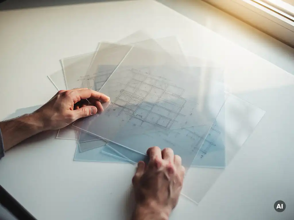 Analist legt transparante acetaatvellen met structuurdiagrammen over elkaar op een wit bureau, verlicht door natuurlijk raamlicht.