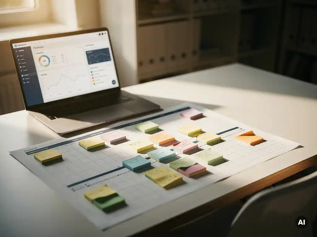 Consultant bureau met tijdlijnraster, gekleurde sticky notes in clusters en open laptop met dashboard, warm natuurlijk zijlicht.