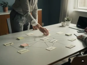 Consultant die gelabelde kaartjes verbindt tot een gestructureerde netwerkkaart op een moderne, lichte werktafel.