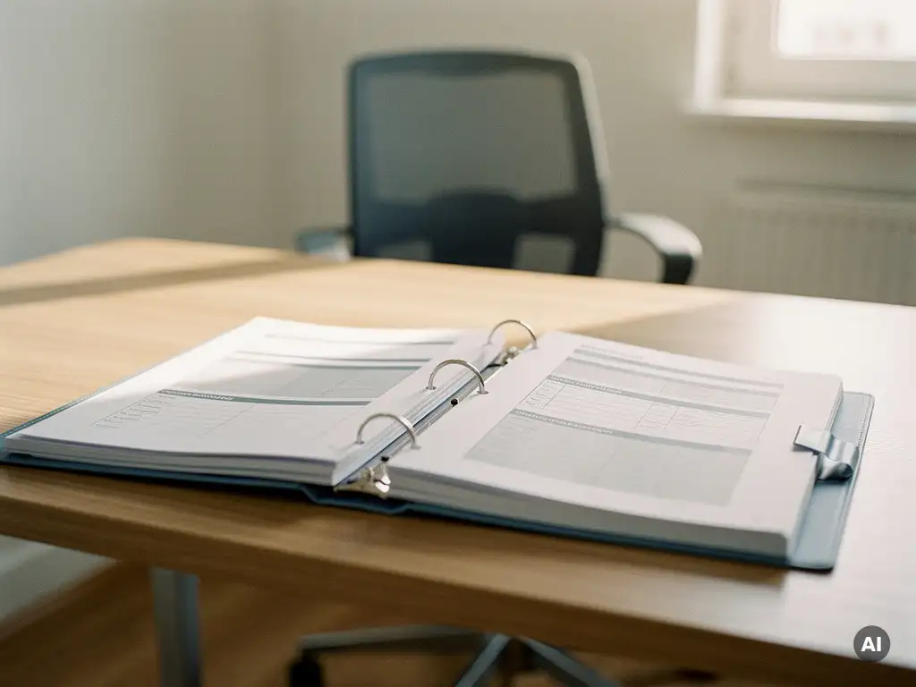 Open ordner met gestructureerde documentatiepagina's op een licht eiken bureau, verlicht door warm natuurlijk daglicht.
