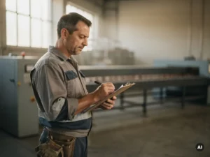 Fabrieksmedewerker bekijkt bedachtzaam een klembord op de werkvloer, met een lopende band op de achtergrond in zacht industrieel licht.