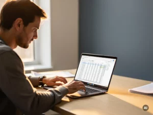 Professional typt gegevens van een gedrukte spreadsheet over in software op laptop, aan een licht eikenhouten bureau met natuurlijk raamlicht.