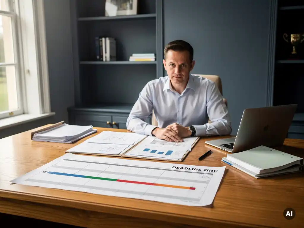 Gemeentelijke projectmanager aan eikenhouten bureau met planningsdocumenten en laptop, tijdlijn die deadline overschrijdt beoordelend, natuurlijk daglicht.