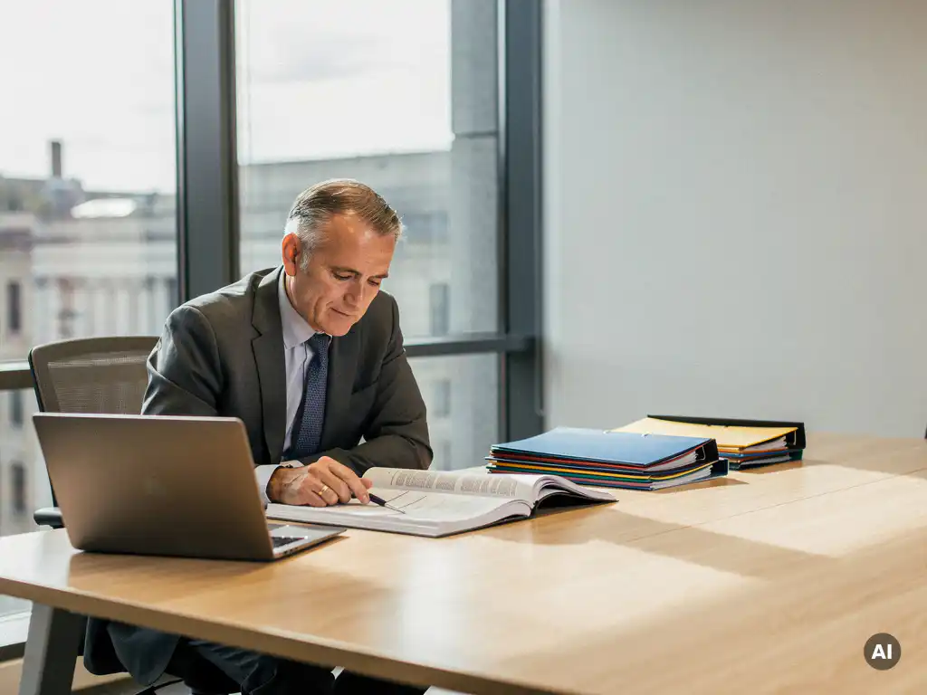 Gemeentelijke inkoopmedewerker bestudeert aanbestedingsdocument aan licht eiken bureau in modern stadhuis.