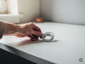 Hand die overbodige kabels verwijdert van een wit bureau, met één opgerolde kabel achtergelaten in een minimalistische werkruimte.