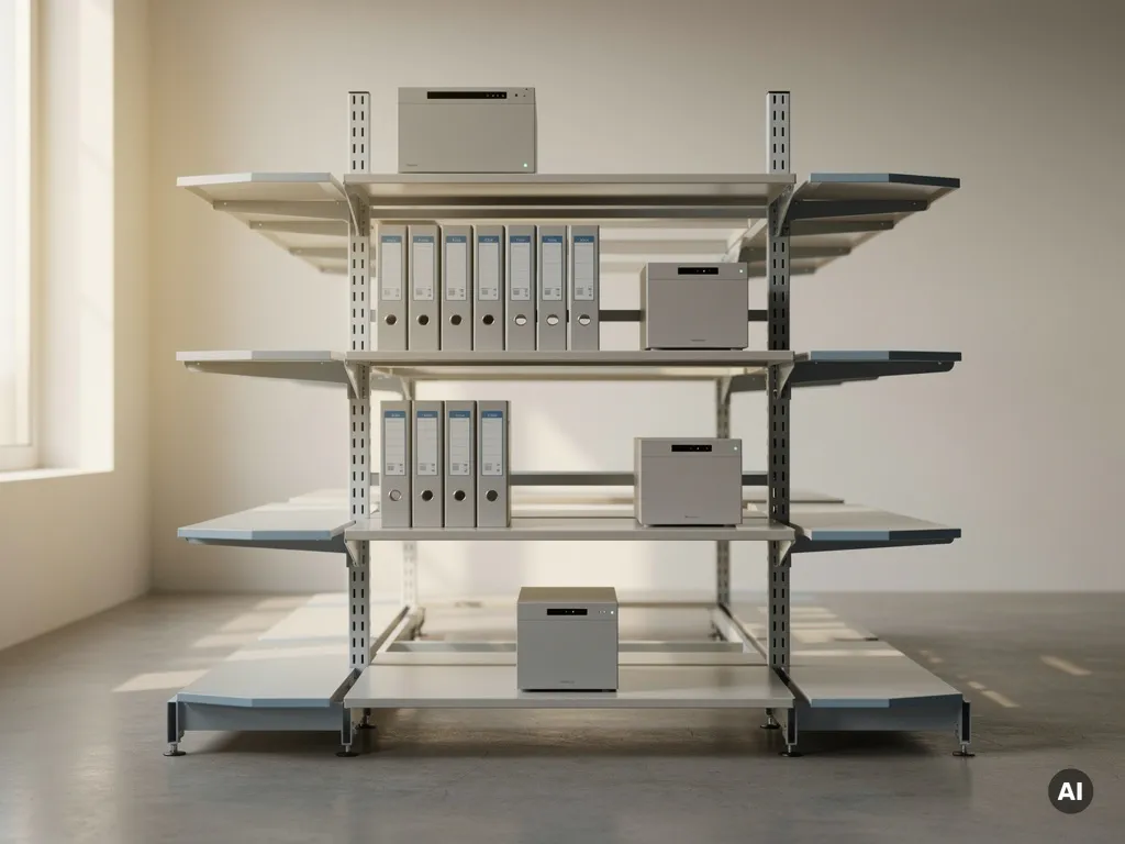 Modulair stalen rekensysteem met uitbreidende schapniveaus, documentmappen en kleine serverunits in een rustige magazijnruimte.