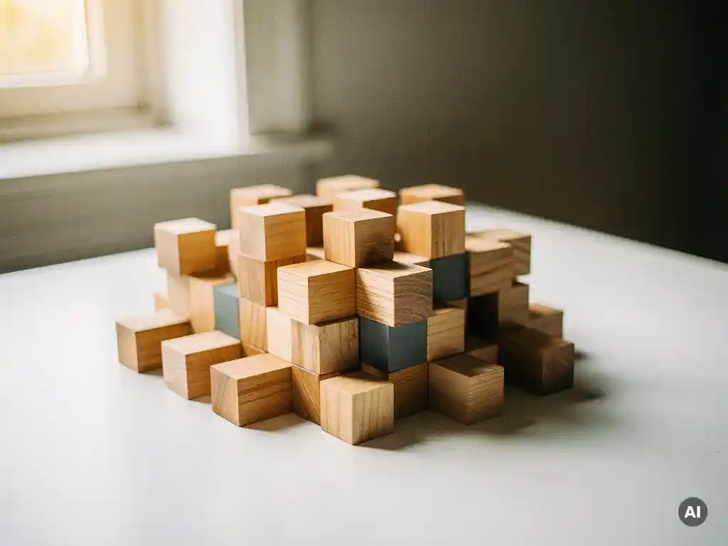 Modulaire houten blokkenstructuur die uitbreidt op een wit bureau, symboliseert schaalbare groei en teamuitbreiding.