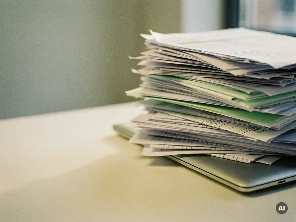 Hoge stapel uitgeprinte spreadsheets dreigt om te vallen op modern bureau, met laptop half zichtbaar eronder in zacht natuurlijk licht.