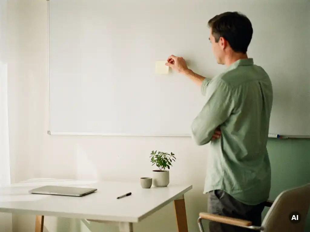 Professional plaatst één sticky note op een bijna leeg whiteboard in een minimalistische werkruimte met zacht natuurlijk daglicht.