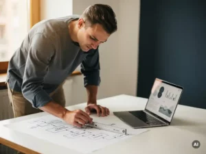 Analist meet een handgetekend processtroomschema met een liniaal op een wit bureau, laptop met datavisualisaties op de achtergrond.