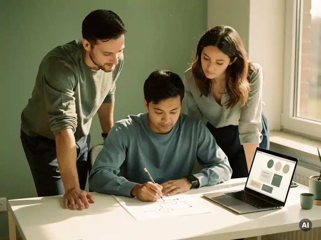 Drie professionals rond een wit bureau, één persoon schetst een procesdiagram terwijl collega's toekijken, laptop open, natuurlijk licht.