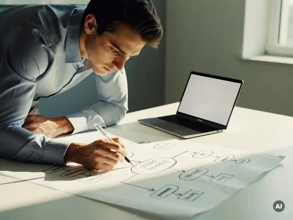 Professional buigt over bureau met handgetekend processtroomschema, pen in hand, laptop op achtergrond, kantoor met natuurlijk licht.