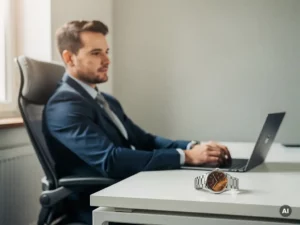 Professional leaning achterover aan wit bureau, laptop en analoog horloge op de voorgrond, natuurlijk daglicht, modern kantoor.