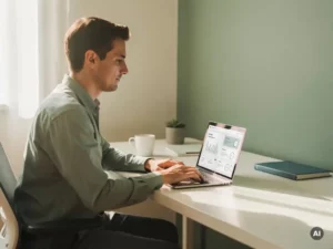 Professional bekijkt digitaal dashboard op laptop aan wit bureau, zachte ochtendlicht en rustgevende groene tinten.