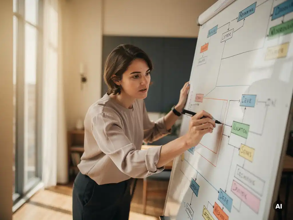 Professional die een nieuwe vertakking toevoegt aan een projecttijdlijn op een groot whiteboard in een modern, licht kantoor.