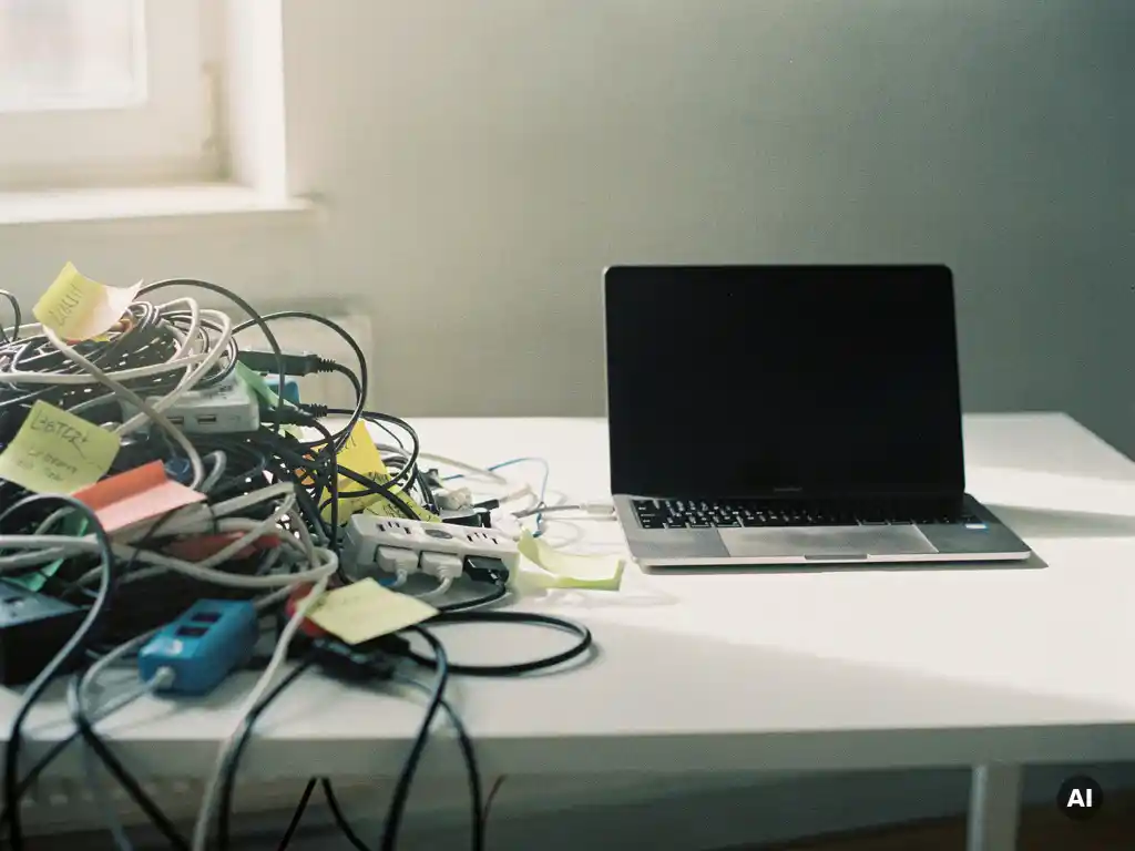 Wirwar van kabels, plakbriefjes en losgekoppelde USB-hubs naast een opgeruimde laptop op een wit bureau in natuurlijk daglicht.