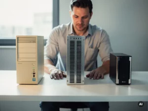 Software-architect bekijkt drie serverunits van verschillende generaties op een wit bureau in een modern kantoor.