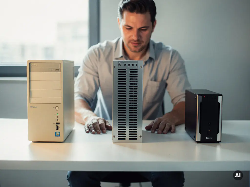 Software-architect bekijkt drie serverunits van verschillende generaties op een wit bureau in een modern kantoor.