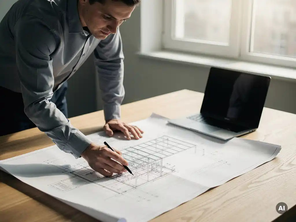 Software-architect bestudeert technische blauwdruk op eikenhouten bureau met laptop, natuurlijk daglicht, rustige sfeer.