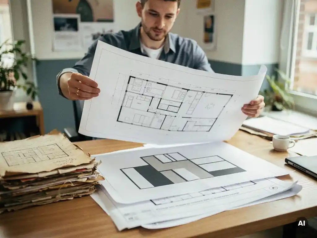 Softwareontwikkelaar tilt modern architectuurblauwdruk op uit stapel vergeelde legacy-documenten in lichte werkruimte.