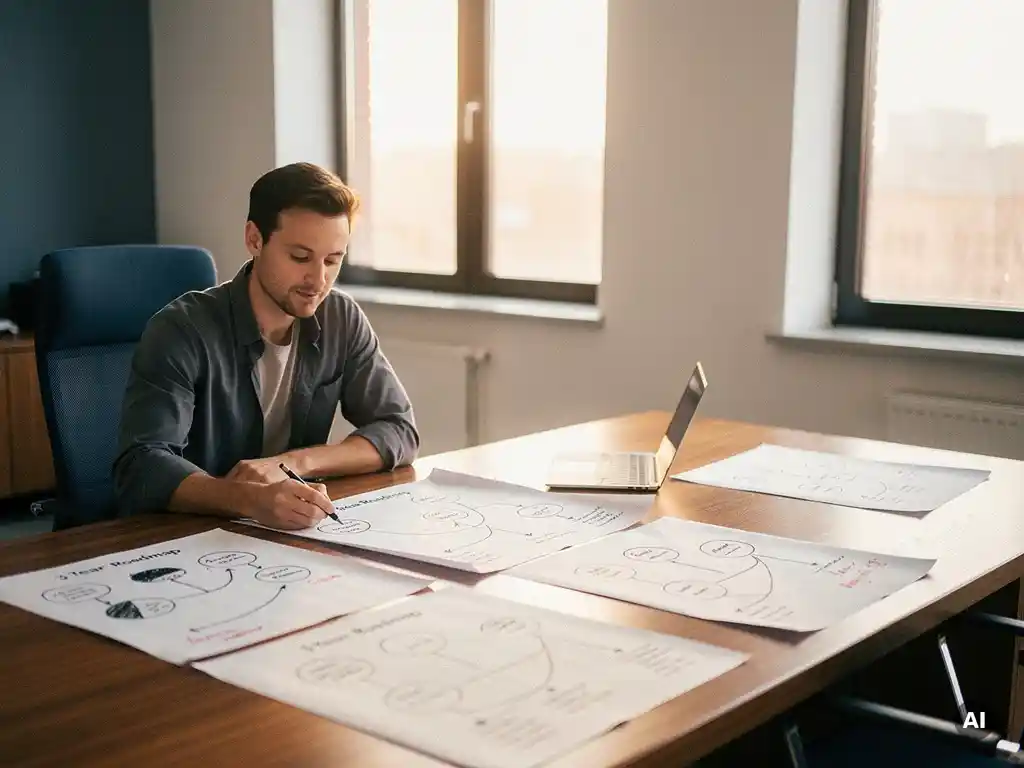 Professional aan eikenhouten bureau tekent driejarige roadmap op papier met mijlpaalmarkeringen, laptop open, zacht ochtendlicht.