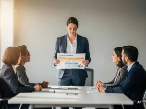 Professional presenteert strategische roadmap aan collega's in vergaderruimte met natuurlijk raamlicht.