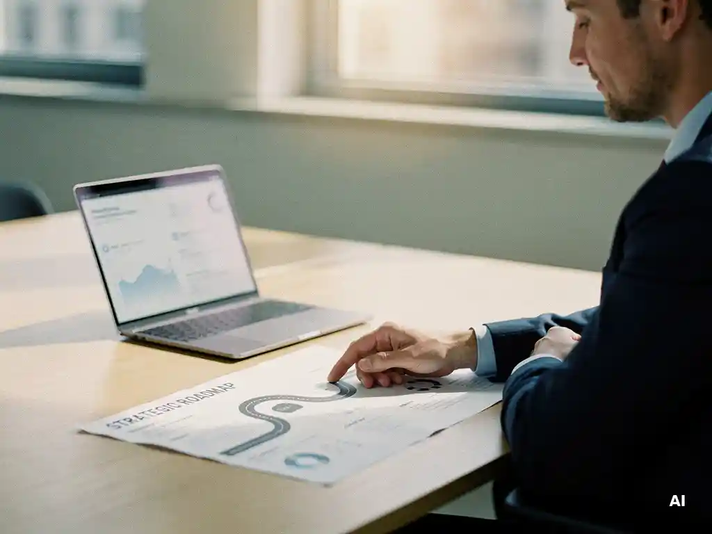 Professional die met een vinger een strategische routekaart volgt aan een houten bureau, met een laptop en zacht natuurlijk licht.