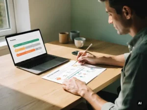 Professional aan eikenhouten bureau die een strategische roadmap doorneemt en revisies markeert, laptop met tijdlijn op de achtergrond.